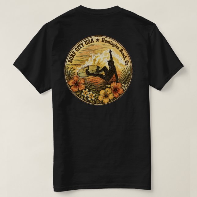 CIDADE DE SURFE EUA - Camiseta - Huntington Beach, (Verso do Design)