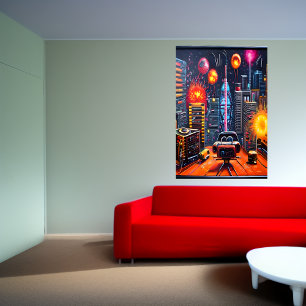 Cidade, telhado e fogos de artifício  Poster de ar