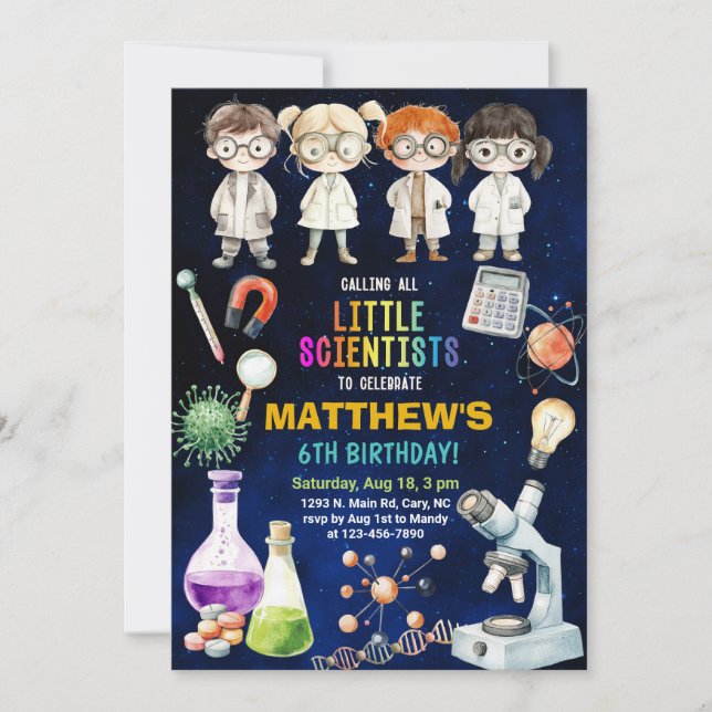 Cientista, convite de aniversário de Ciência Louca (Frente)