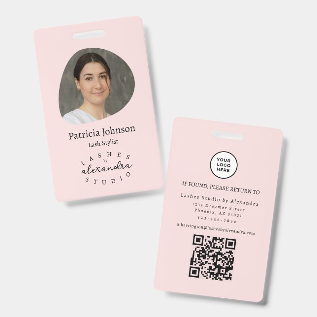 Cílios QR de Foto Script Preto Rosa Corado Crachá  (Frente e verso)