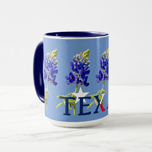 Cinco Flores de Bluebonnet do Texas em Caneca Azul (Frente Esquerda)