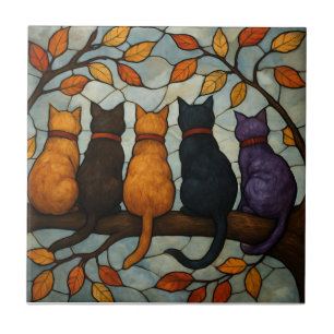 Cinco Gatos em um Galho de Árvore Estilo Vidro Col