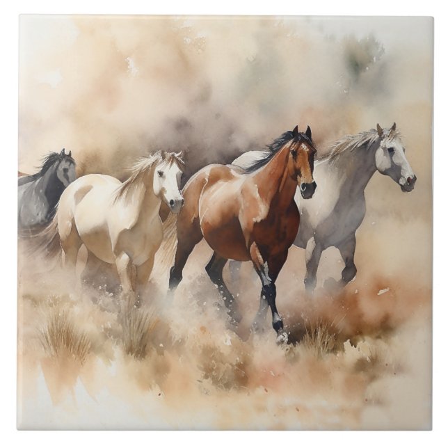“Cinco Mustangs Galopando” Oeste empoeirado Aquare (Frente)