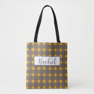 Cinza Amarela Gingham Personalizado Tote Bag
