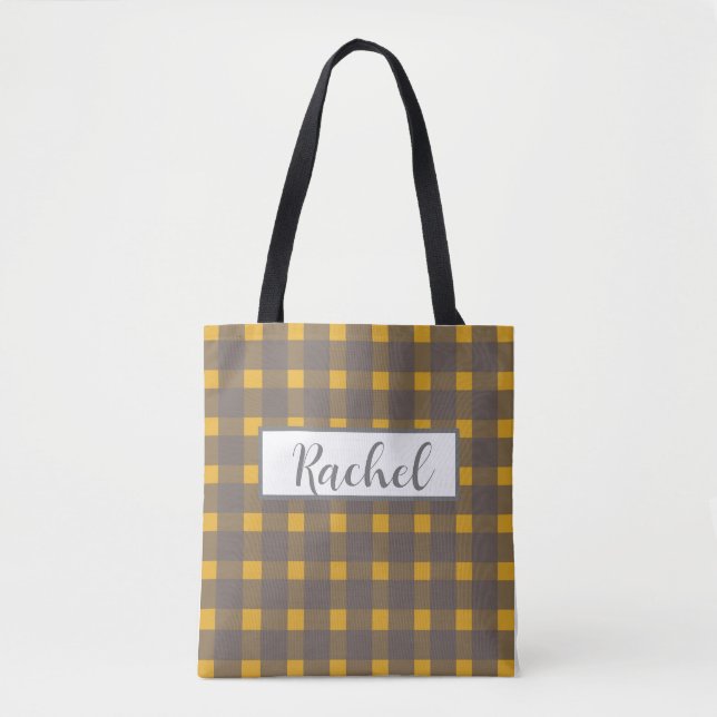 Cinza Amarela Gingham Personalizado Tote Bag (Frente)