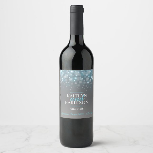 Cinza azul aqua borbulha rótulos de vinho de casam (Frente)