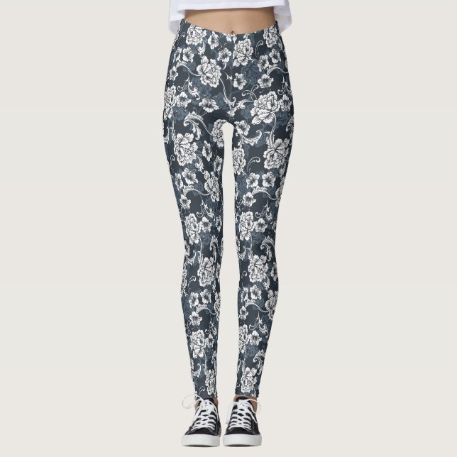Cinza Azul Fumaça Leggings Florais Femininas (Frente)