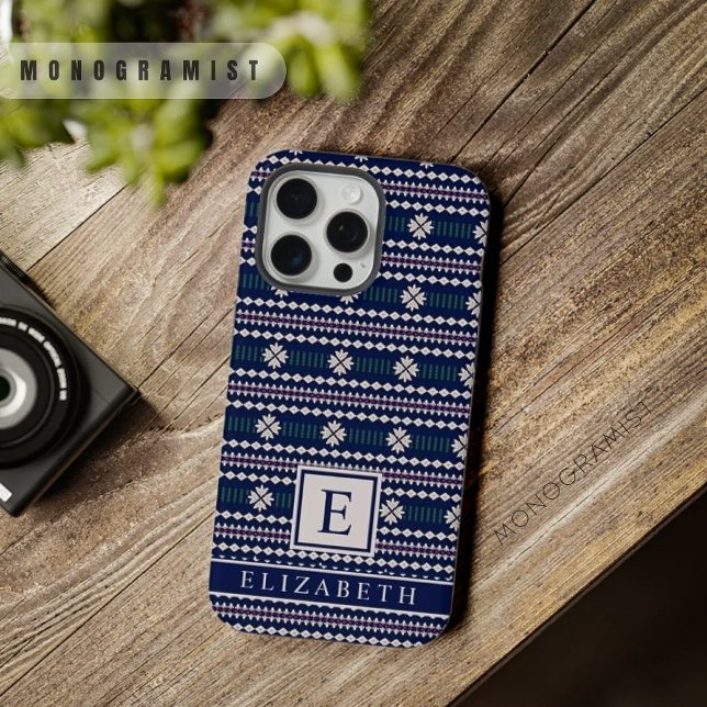 Cinza Azul Marinho Escuro Personalizável Aztec (Customizable Dark Navy Blue White Grey Aztec iPhone Case)