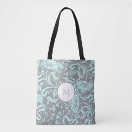 Cinza Azul Vintage Padrão Floral Monograma Tote Ba