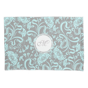 Cinza Azul Vintage Padrão Floral Monograma Travess