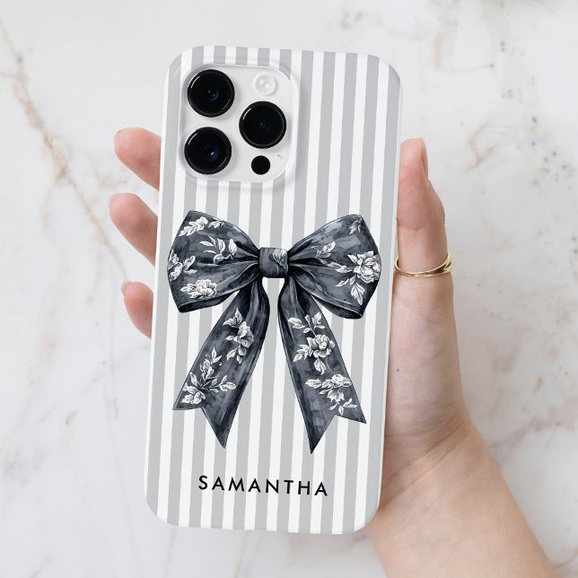 Cinza Coquette Modern Strips Girly Arco Nome Perso (Modern Coquette Gray Stripes Girly Bow Custom Name Case-Mate iPhone Case)