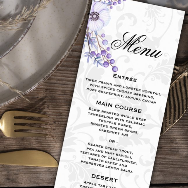 Cinza Damask and Purple Floral Weding Menu (Criador carregado)