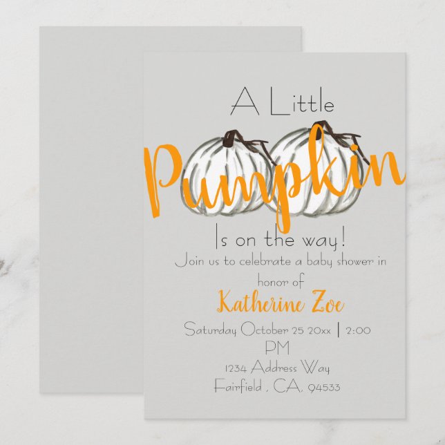Cinza de abóbora branca para bebê convite (Frente/Verso)