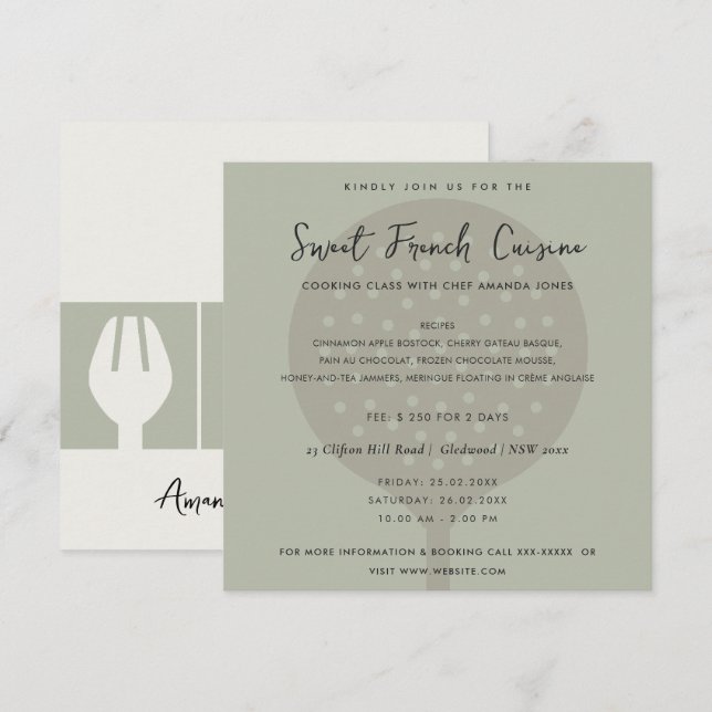 CINZA DE CONVITE DA CLASSE DE COZINHAR DO FORK DA  (Frente/Verso)