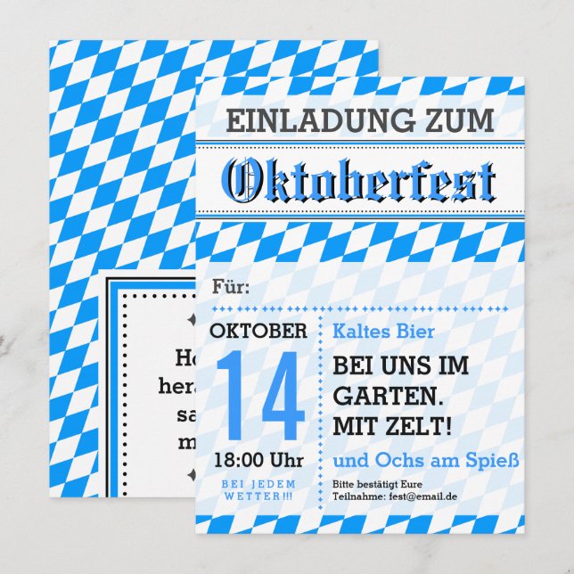 Cinza de convite Octoberfest azul (Frente/Verso)