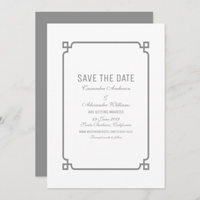 Cinza Deco Chic Salvar a Data Convite (Frente/Verso)