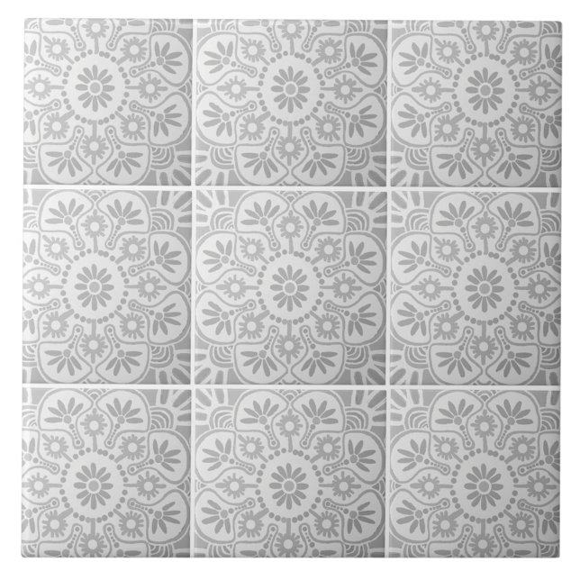 Cinza e azulejo de cerâmica geométrica branca (Nine gray and white geometric tiles shown together.)