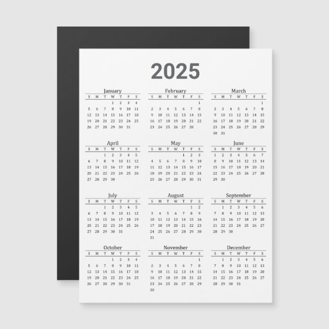 Cinza e Cartão Magnético de Calendário Anual 2025 (Frente/Verso)