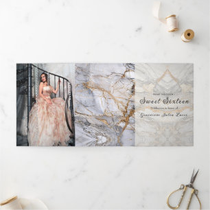 Cinza e Convite de festas Dourado Marble Sweet 16