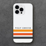 Cinza e faixas retrorreflectoras laranja nome pers<br><div class="desc">capas de iphone com três faixas horizontais em cinzas escuras e dois tons de laranja e seu nome personalizado em uma fonte ousada e moderna sans serif.</div>