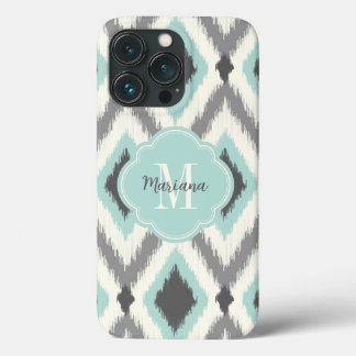 Cinza e Mint Tribal Ikat Chevron Monograma