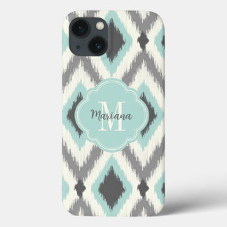 Cinza e Mint Tribal Ikat Chevron Monograma