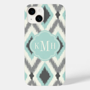 Cinza e Mint Tribal Ikat Chevron Monograma
