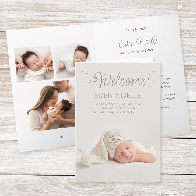 Cinza Elegante Anuncia Nascimento Cartão Dobrado (Modern, elegant gray calligraphy "Welcome" with stars birth announcement folded photo collage card.)