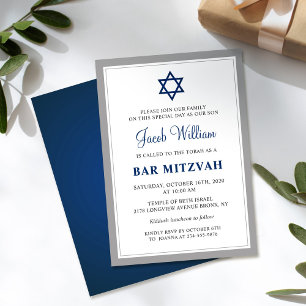 Cinza Elegante e Bar Azul Marinho Mitzvah Convite