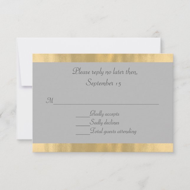 Cinza Elegante e Cartão RSVP de Casamento Dourado (Frente)