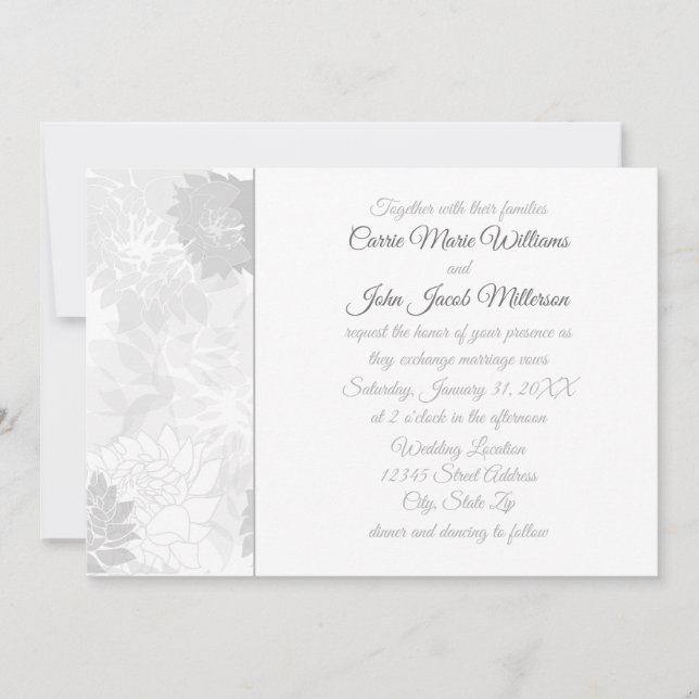Cinza Elegante Floral - Convite De Casamento (Frente)
