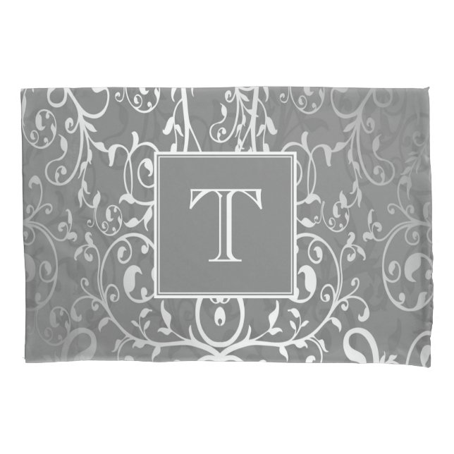 Cinza Elegante Monograma Flourish Pillowcase (Frente)