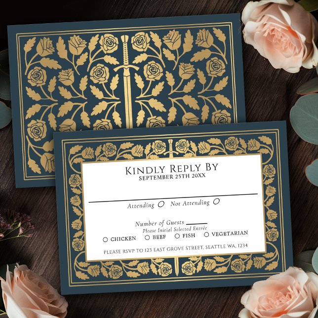 Cinza Espada Dourada Medieval Casamento Real RSVP (Criador carregado)