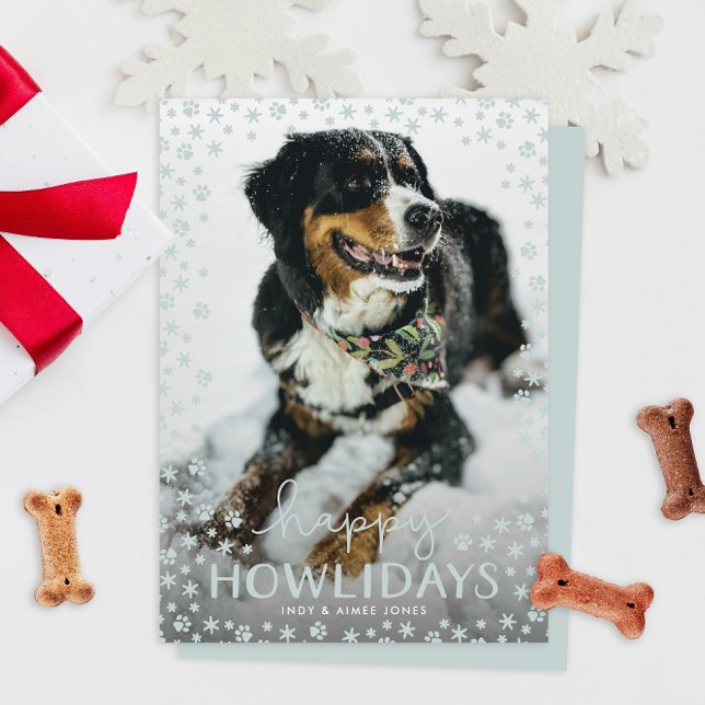 Cinza Feliz Howlidays Pet Lover Cartão com fotos F (snowflakes and paw prints happy howlidays pet parent Christmas holiday photo cards)