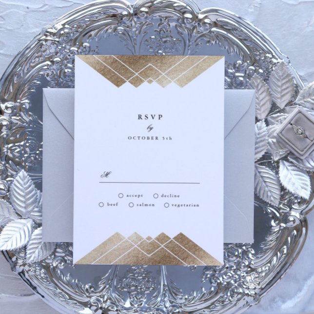 Cinza geométrica Dourada Gatsby Wedding RSVP (Criador carregado)