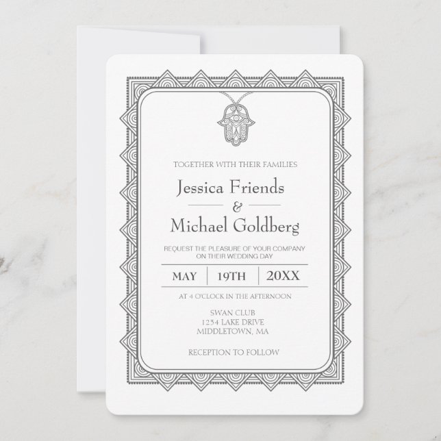 cinza hamsa convite para casamento geométrico (Frente)