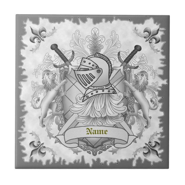Cinza Knight Family Crest surname azulejo (Frente)