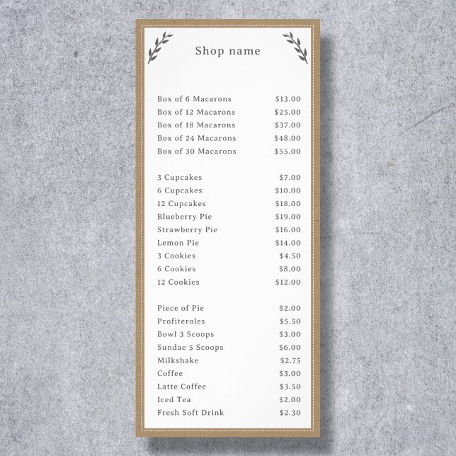 Cinza, Kraft & Rustic Menu & Price List Rack Card (Gray, Kraft & Rustic Menu & Price List Rack Card)