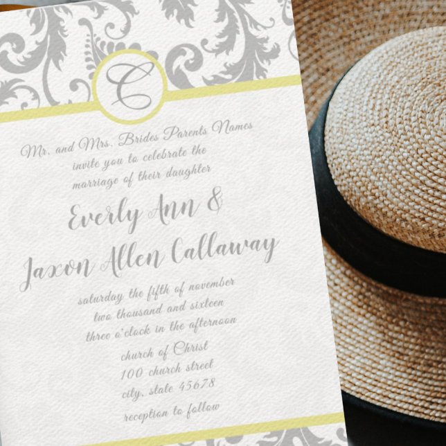 Cinza Leve e Convite para Casamento tema damasco Í (Criador carregado)