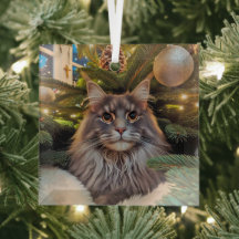 Cinza Maine Coon Glass Ornament