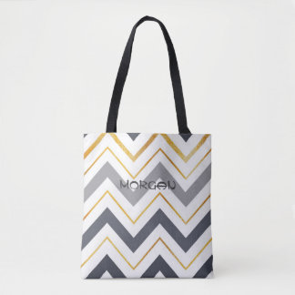 Cinza Moderna e Dourada Chevron Personalizado Tote