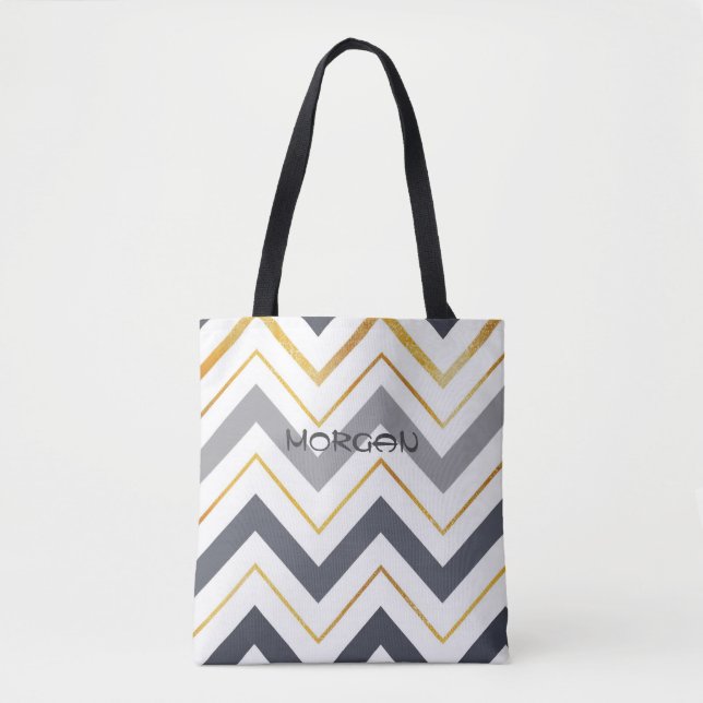 Cinza Moderna e Dourada Chevron Personalizado Tote (Frente)