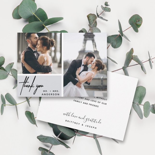 Cinza Moderna Foto Collage Casamento Obrigado (Two photo hand lettered thank you wedding card with a minimalistic design perfect for any couple.)