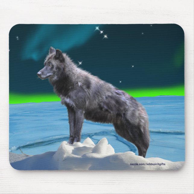 Cinza Negra Wolf & Norte Lights Fantasy Mousepad (Frente)
