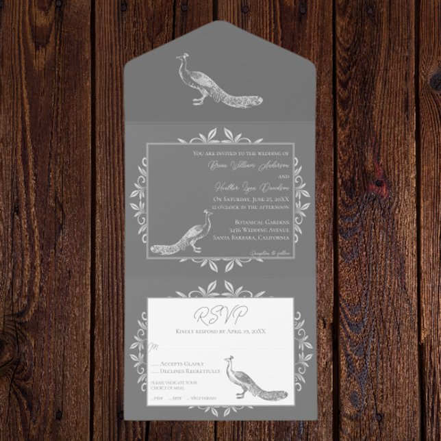 Cinza Peacock Flourish (Gray Peacock Flourish All in One Invitation)
