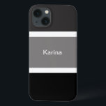 Cinza Personalizada, Na moda<br><div class="desc">Vocês vão adorar esta capa de telefone moderna, química e na moda com uma cinza, padrão de riscas preto e branco. Listras pretas e cinzas grandes com listras brancas pequenas. Personalizado com seu nome impresso em um texto branco.</div>
