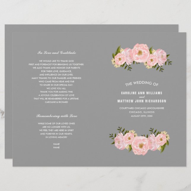 Cinza | Programa de Casamento de Peões Rosa-Esbran (Frente/Verso)