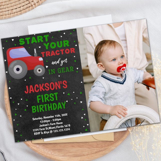 Cinza Red Trator Birthday Convites com Fotografia (Gray Red Tractor Birthday Invitations with photo)