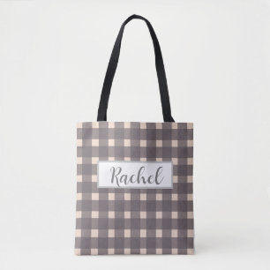 Cinza Rosa Gingham Personalizado Tote Bag