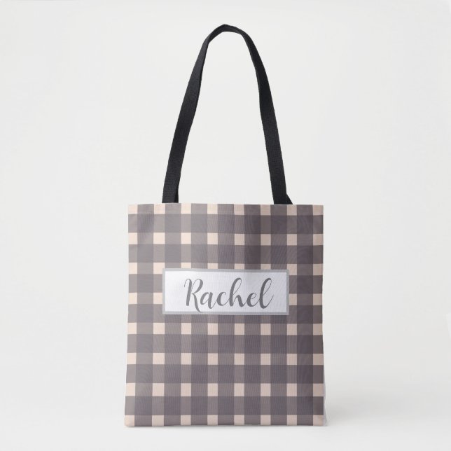 Cinza Rosa Gingham Personalizado Tote Bag (Frente)